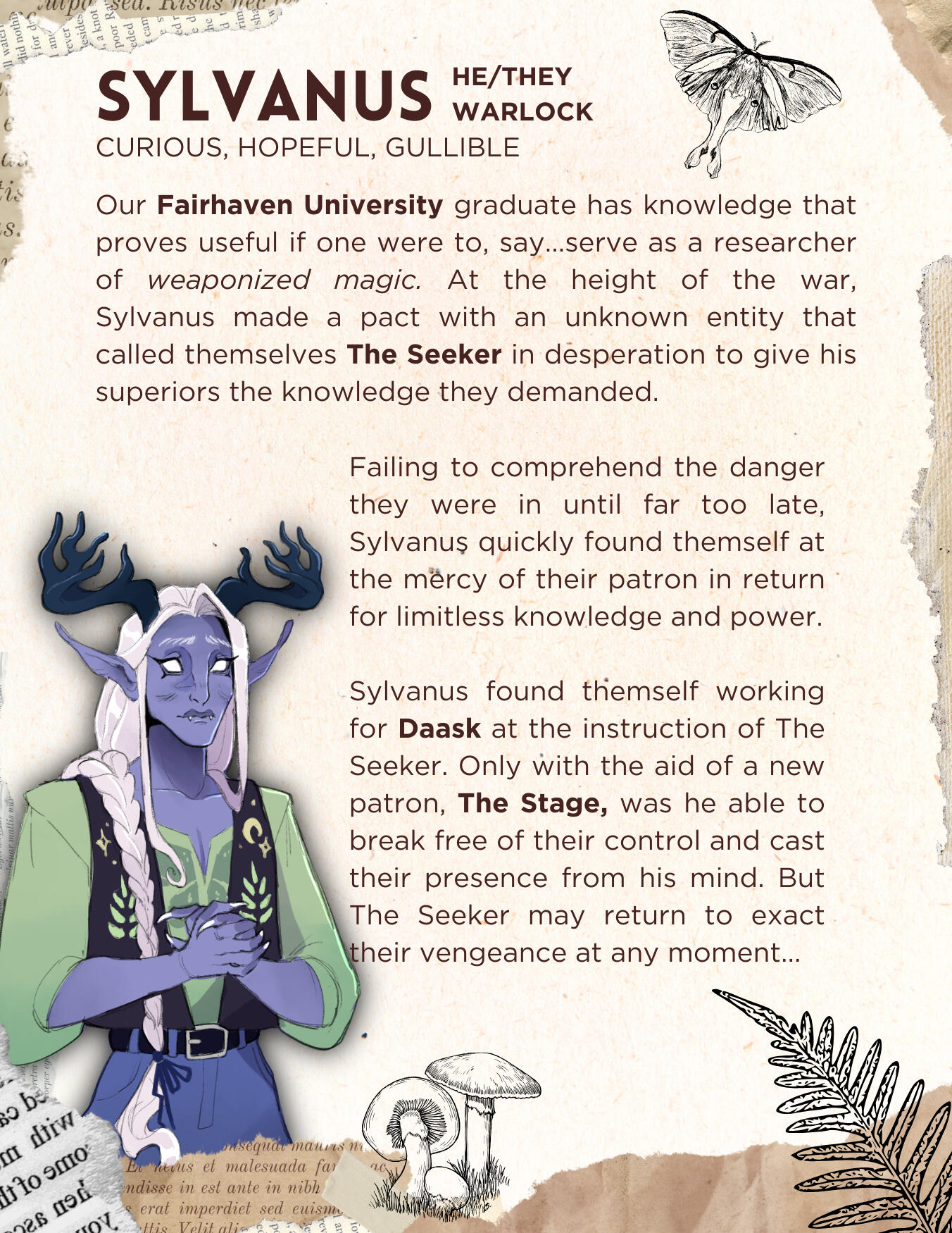 A character bio and picture of Calais Malthasso, a character from Capricious Provenance. He is a brown-skinned aasimar with a blue opalescent unicorn horn and a tail. They have long dark curly hair with a grey streak flowing through it.